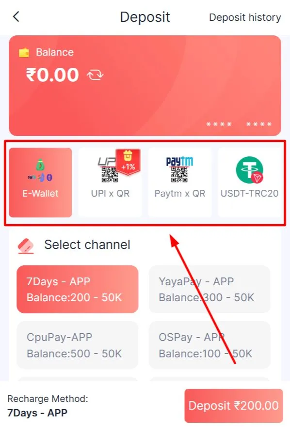 Choose a deposit method like E-Wallet, UPI, Paytm, or USDT